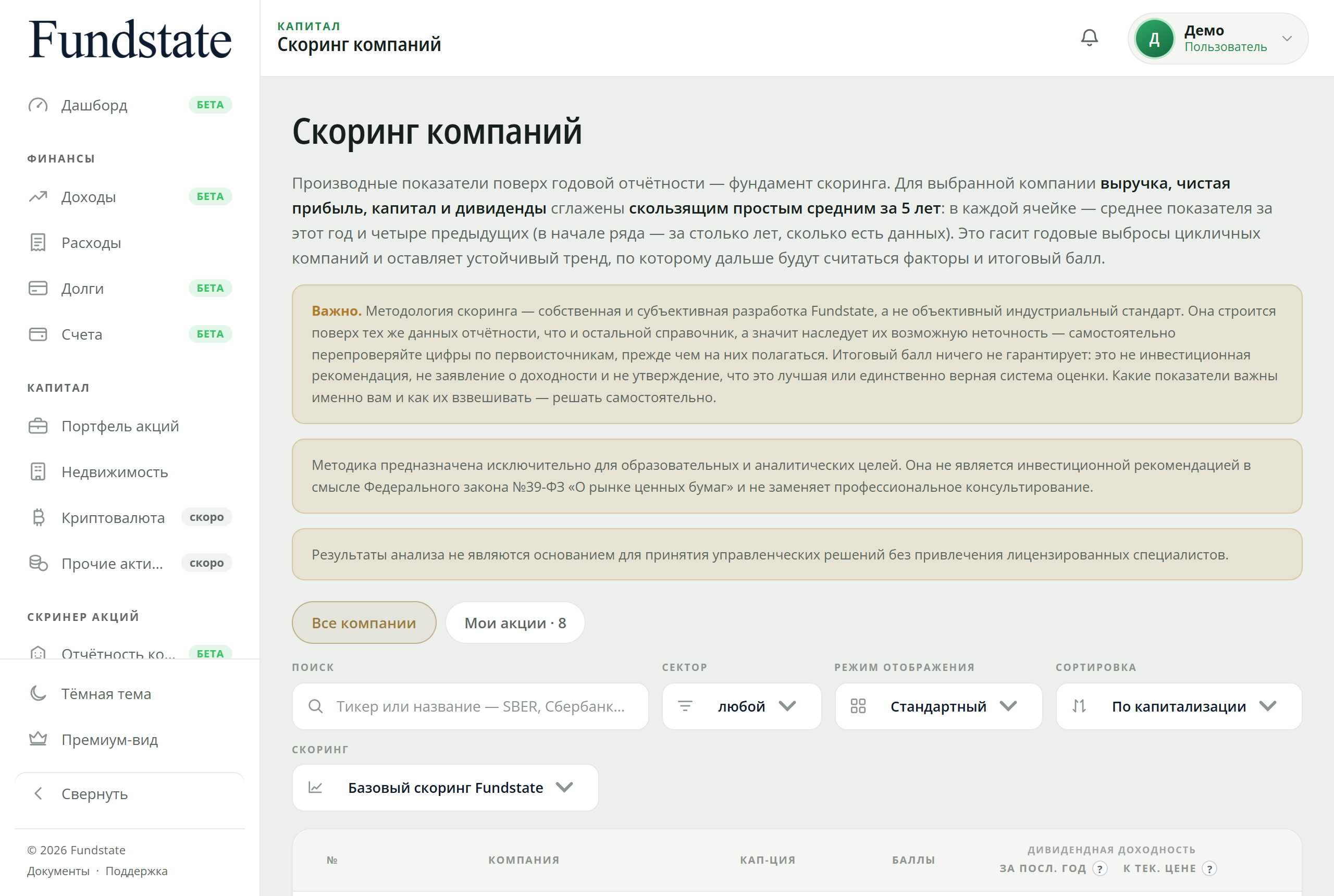Экран «Скоринг компаний» в Fundstate: методологическая оговорка, фильтры по сектору и режиму отображения и начало таблицы компаний.